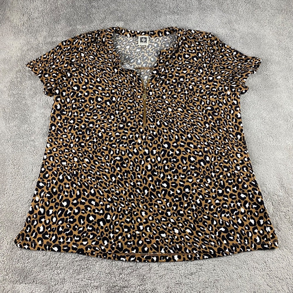 Anne Klein Collared Knit Top Womens Large Brown Beige Animal Print